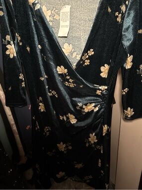 Macy's Black Velvet Wrap Dress with Gold Floral Print